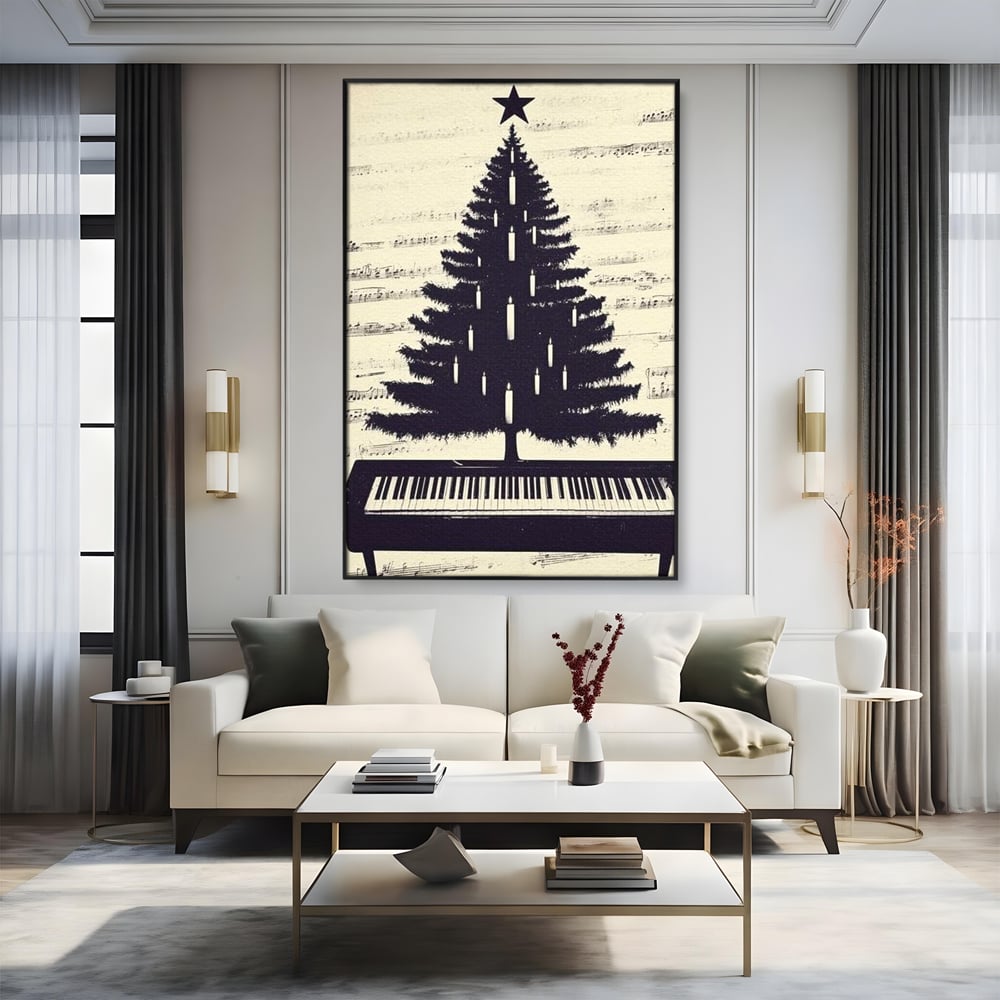Tablou canvas cu tablou canvas cu brad din clape de pian, in rama de aluminiu negru, pe perete intr-un living